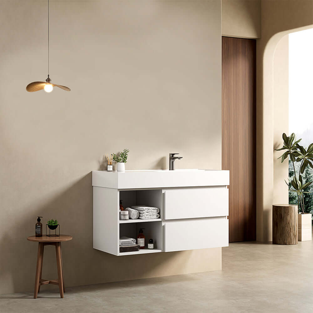 Mobile bagno sospeso 100 cm Bianco Opaco Lavabo a Destra in Resina Senza Specchio - Fiji Paint Plus