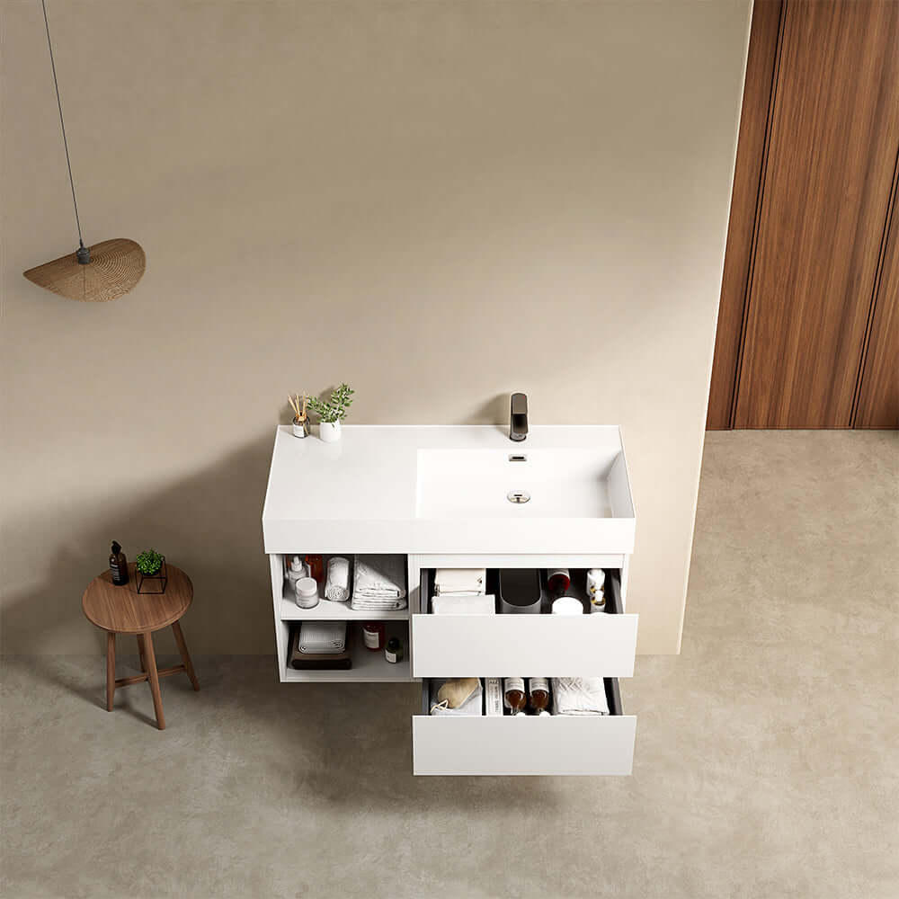 Mobile bagno sospeso 100 cm Bianco Opaco Lavabo a Destra in Resina Senza Specchio - Fiji Paint Plus