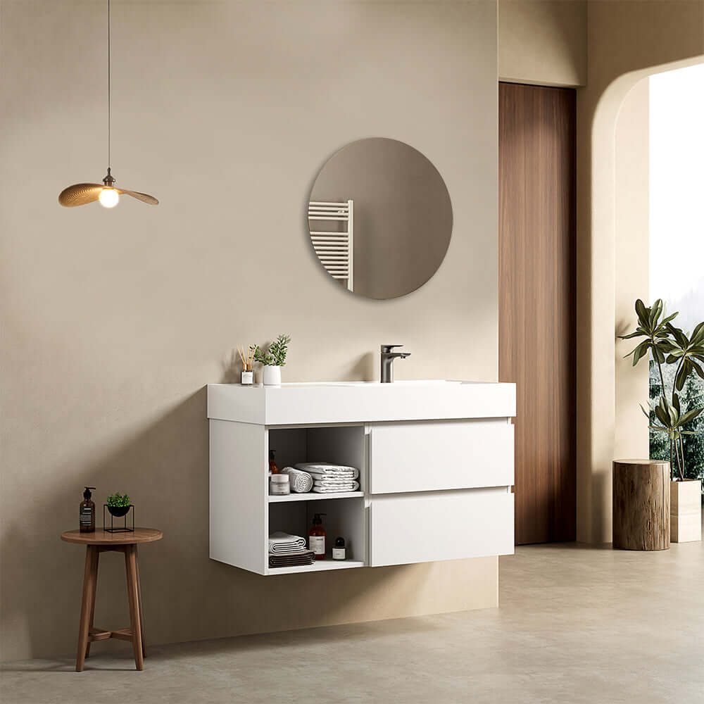 Mobile bagno sospeso 100 cm Bianco Opaco Lavabo a Destra in Resina Specchio Tondo - Fiji Paint Plus