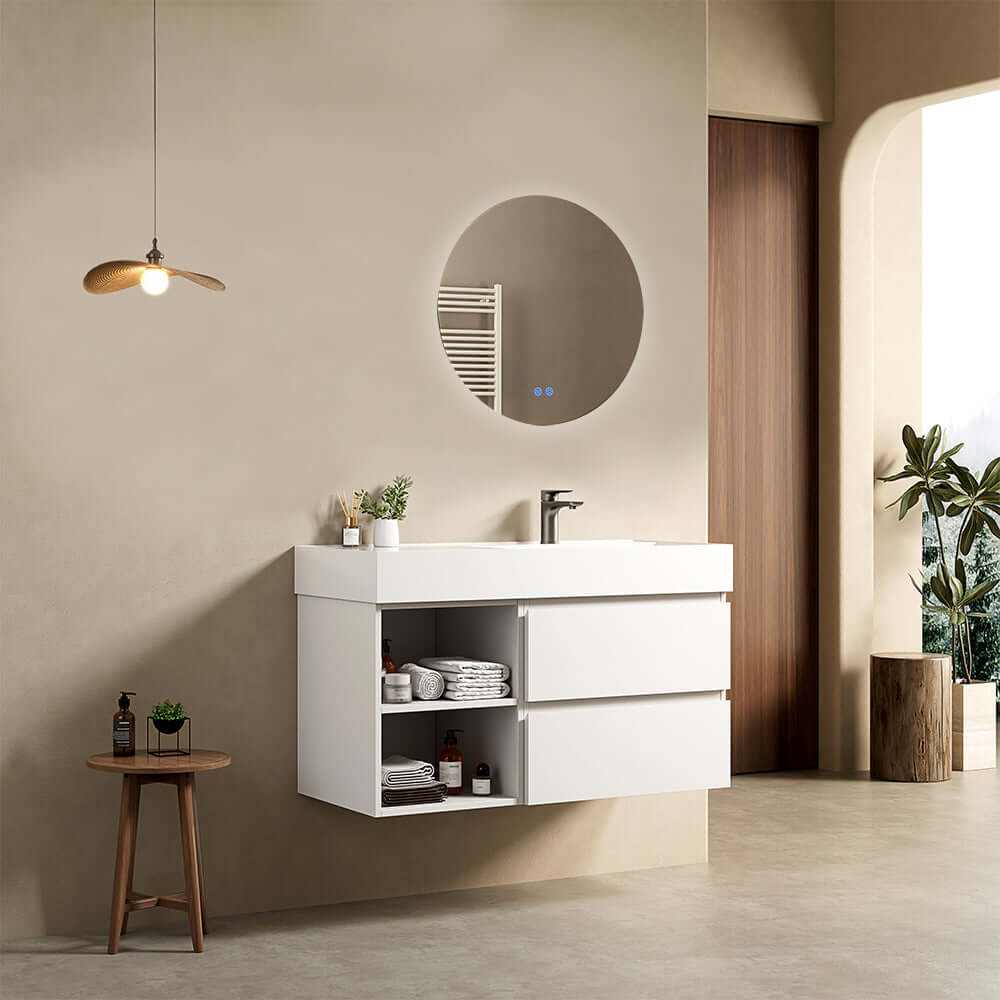 Mobile bagno sospeso 100 cm Bianco Opaco Lavabo a Destra in Resina Specchio Tondo Retroilluminato - Fiji Paint Plus