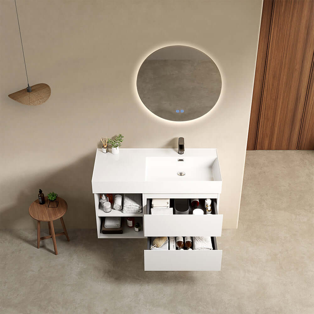 Mobile bagno sospeso 100 cm Bianco Opaco Lavabo a Destra in Resina Specchio Tondo Retroilluminato - Fiji Paint Plus