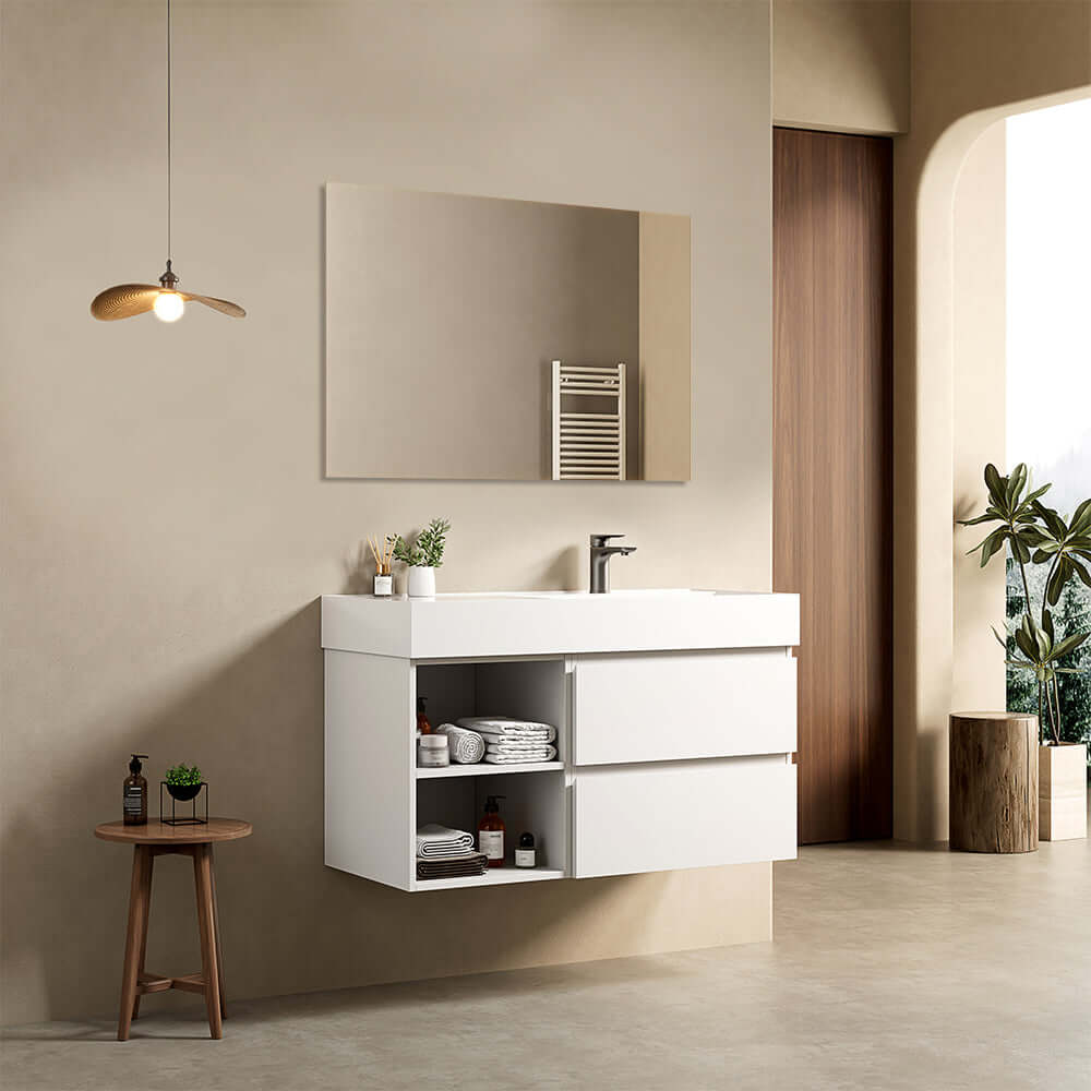 Mobile bagno sospeso 100 cm Bianco Opaco Lavabo a Destra in Resina Specchio Quadro - Fiji Paint Plus