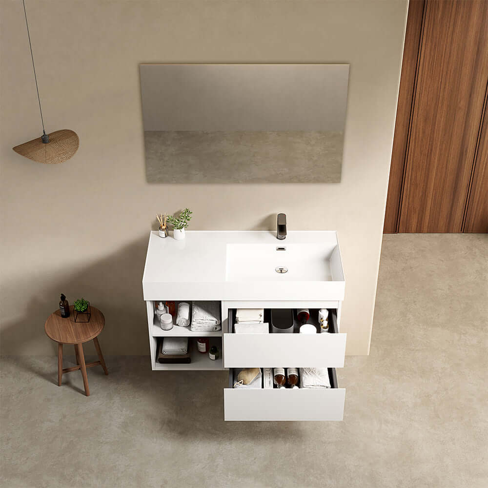 Mobile bagno sospeso 100 cm Bianco Opaco Lavabo a Destra in Resina Specchio Quadro - Fiji Paint Plus