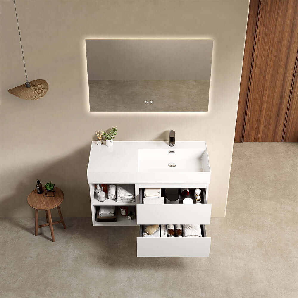 Mobile bagno sospeso 100 cm Bianco Opaco Lavabo a Destra in Resina Specchio Quadro Retroilluminato - Fiji Paint Plus