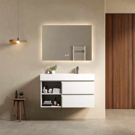 Mobile bagno sospeso 100 cm Bianco Opaco Lavabo a Destra in Resina Specchio Quadro Retroilluminato - Fiji Paint Plus