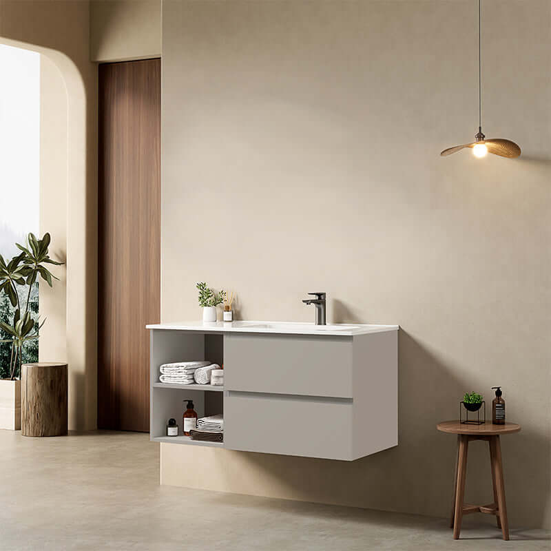 Mobile bagno sospeso 100 cm Grigio Cenere Lavabo a Destra in Ceramica Senza Specchio - Fiji Paint Plus