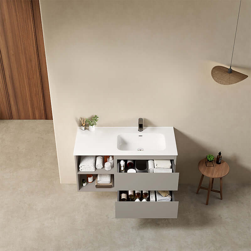 Mobile bagno sospeso 100 cm Grigio Cenere Lavabo a Destra in Ceramica Senza Specchio - Fiji Paint Plus