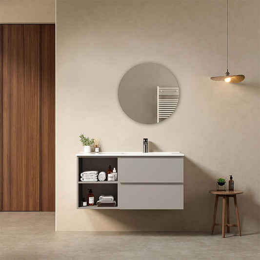 Mobile bagno sospeso 100 cm Grigio Cenere Lavabo a Destra in Ceramica Specchio Tondo - Fiji Paint Plus