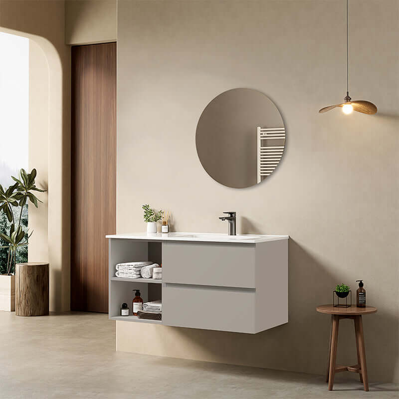 Mobile bagno sospeso 100 cm Grigio Cenere Lavabo a Destra in Ceramica Specchio Tondo - Fiji Paint Plus