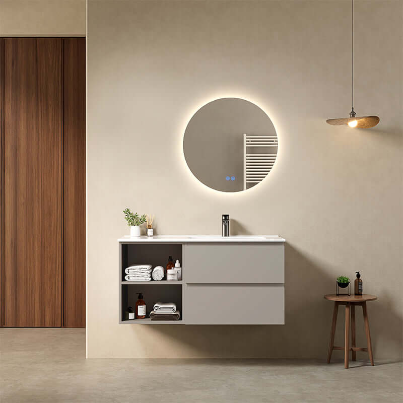 Mobile bagno sospeso 100 cm Grigio Cenere Lavabo a Destra in Ceramica Specchio Tondo Retroilluminato - Fiji Paint Plus