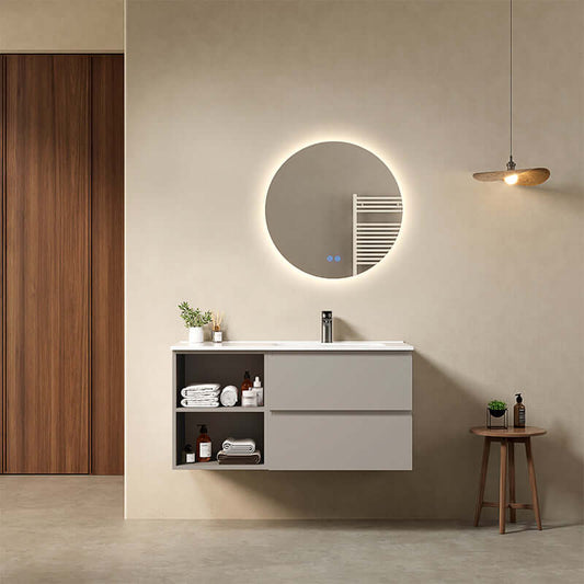 Mobile bagno sospeso 100 cm Grigio Cenere Lavabo a Destra in Ceramica Specchio Tondo Retroilluminato - Fiji Paint Plus