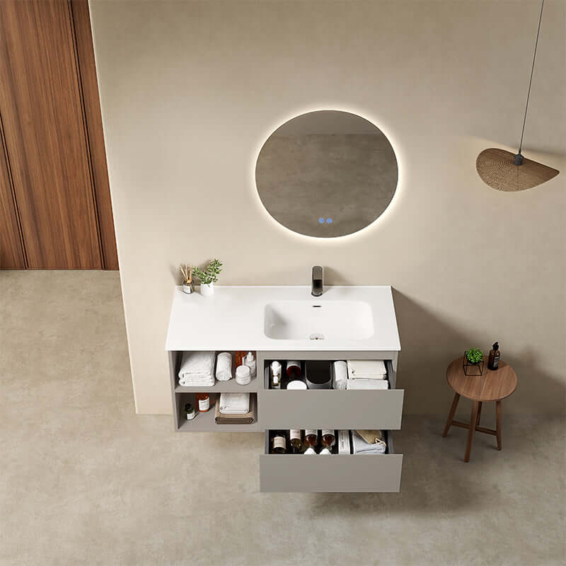 Mobile bagno sospeso 100 cm Grigio Cenere Lavabo a Destra in Ceramica Specchio Tondo Retroilluminato - Fiji Paint Plus