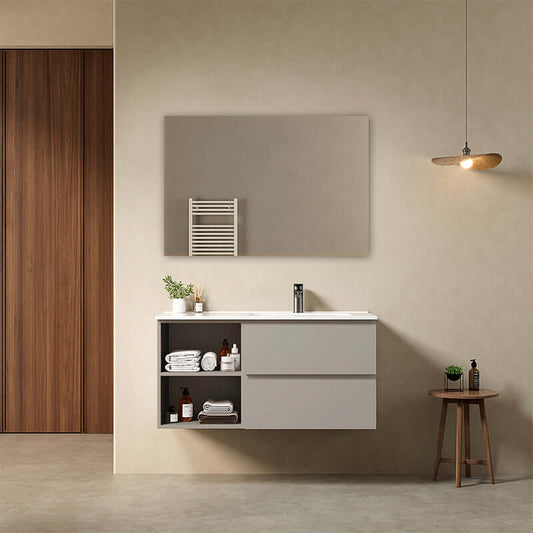 Mobile bagno sospeso 100 cm Grigio Cenere Lavabo a Destra in Ceramica Specchio Quadro - Fiji Paint Plus