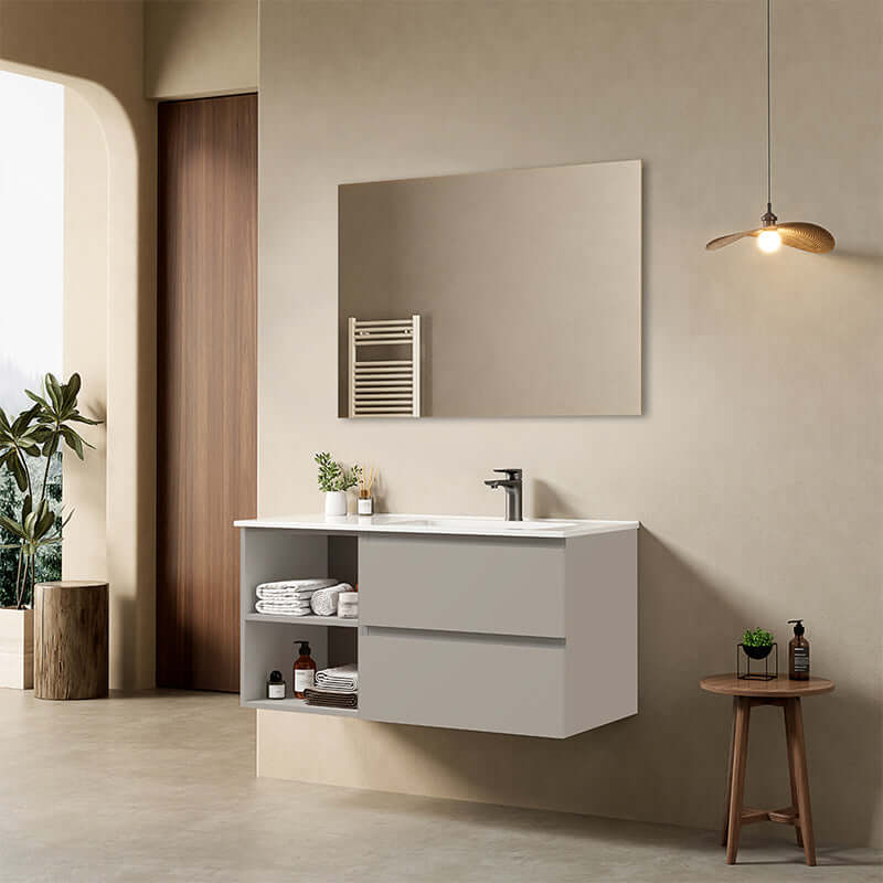 Mobile bagno sospeso 100 cm Grigio Cenere Lavabo a Destra in Ceramica Specchio Quadro - Fiji Paint Plus