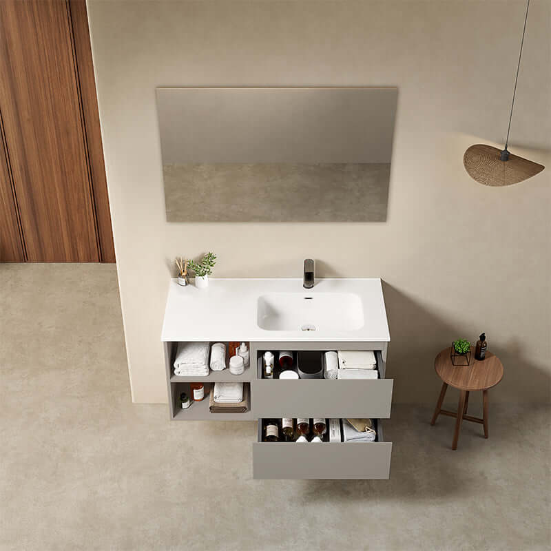Mobile bagno sospeso 100 cm Grigio Cenere Lavabo a Destra in Ceramica Specchio Quadro - Fiji Paint Plus
