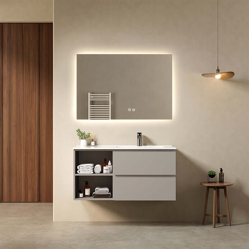 Mobile bagno sospeso 100 cm Grigio Cenere Lavabo a Destra in Ceramica Specchio Quadro Retroilluminato - Fiji Paint Plus