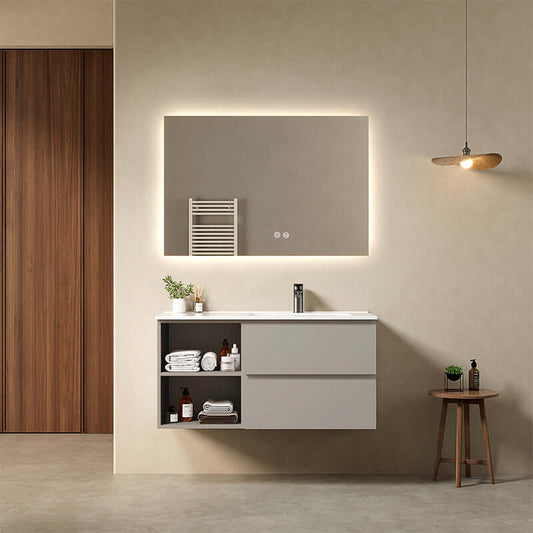 Mobile bagno sospeso 100 cm Grigio Cenere Lavabo a Destra in Ceramica Specchio Quadro Retroilluminato - Fiji Paint Plus