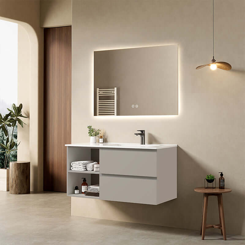 Mobile bagno sospeso 100 cm Grigio Cenere Lavabo a Destra in Ceramica Specchio Quadro Retroilluminato - Fiji Paint Plus