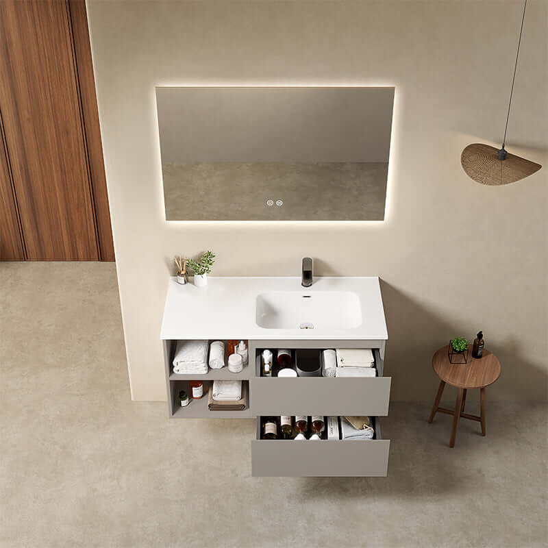 Mobile bagno sospeso 100 cm Grigio Cenere Lavabo a Destra in Ceramica Specchio Quadro Retroilluminato - Fiji Paint Plus