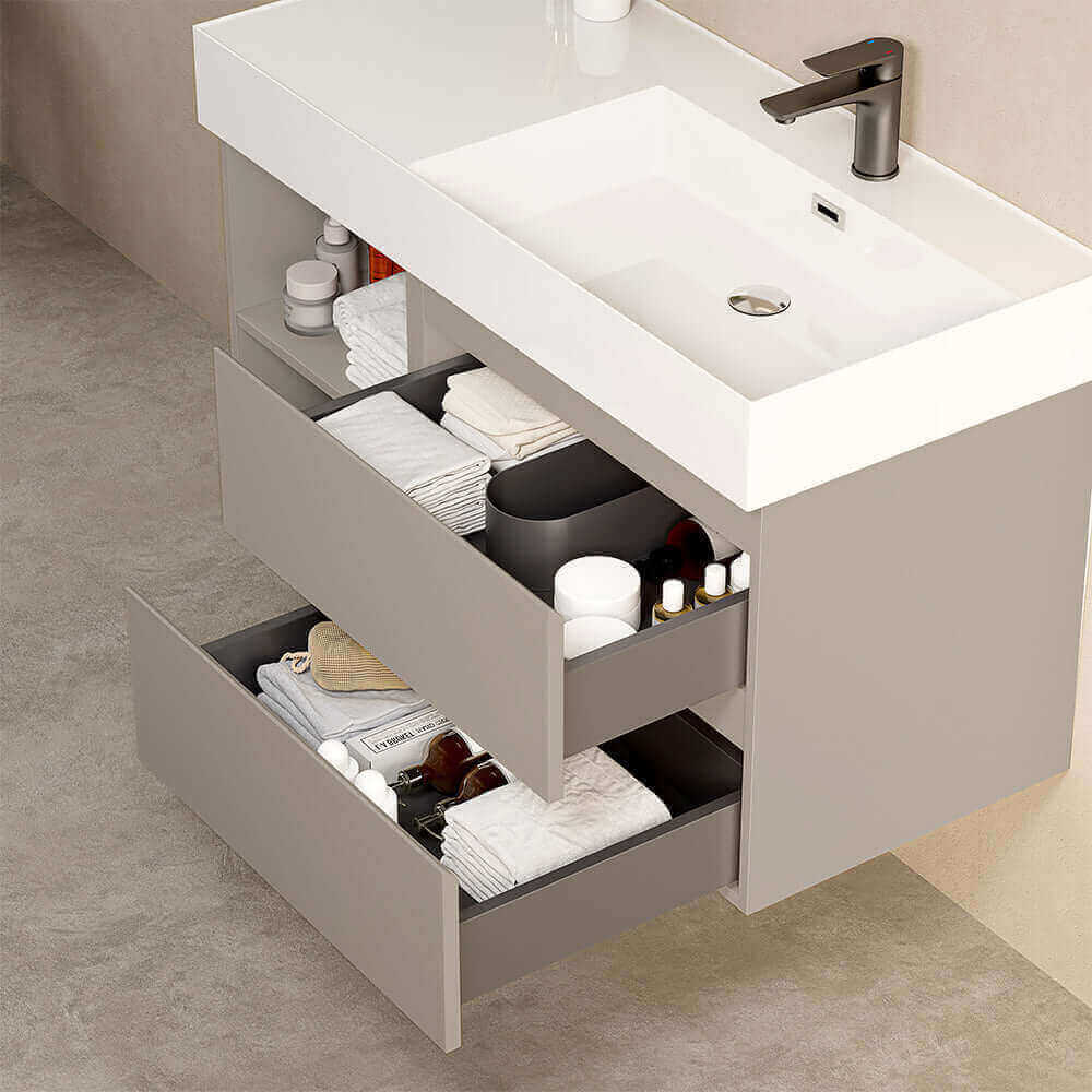 Mobile bagno sospeso 100 cm Grigio Cenere Lavabo a Destra in Resina Specchio Tondo - Fiji Paint Plus