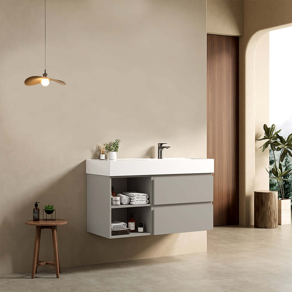Mobile bagno sospeso 100 cm Grigio Cenere Lavabo a Destra in Resina Senza Specchio - Fiji Paint Plus