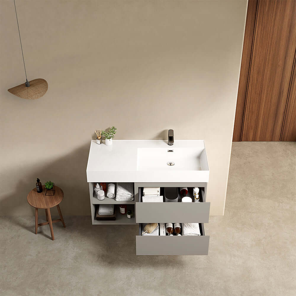 Mobile bagno sospeso 100 cm Grigio Cenere Lavabo a Destra in Resina Senza Specchio - Fiji Paint Plus