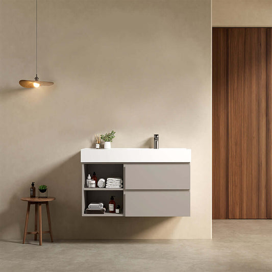 Mobile bagno sospeso 100 cm Grigio Cenere Lavabo a Destra in Resina Senza Specchio - Fiji Paint Plus
