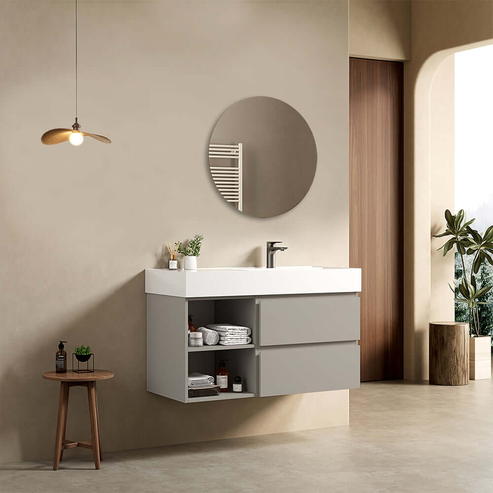 Mobile bagno sospeso 100 cm Grigio Cenere Lavabo a Destra in Resina Specchio Tondo - Fiji Paint Plus