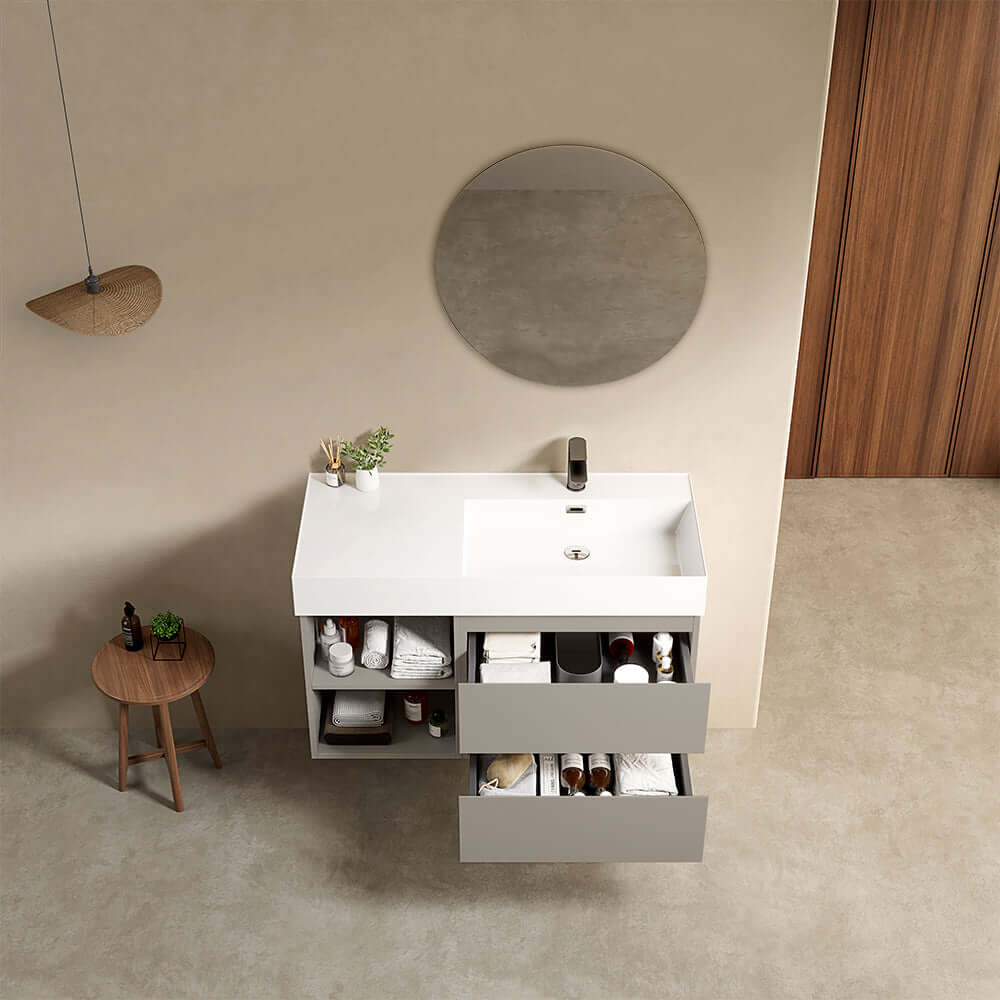 Mobile bagno sospeso 100 cm Grigio Cenere Lavabo a Destra in Resina Specchio Tondo - Fiji Paint Plus