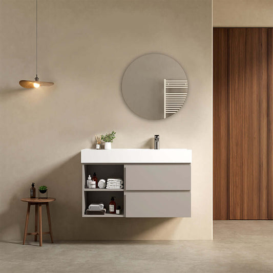 Mobile bagno sospeso 100 cm Grigio Cenere Lavabo a Destra in Resina Specchio Tondo - Fiji Paint Plus