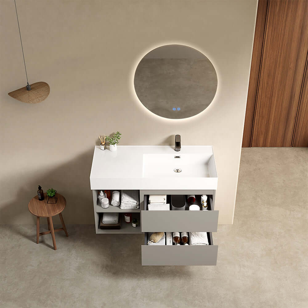 Mobile bagno sospeso 100 cm Grigio Cenere Lavabo a Destra in Resina Specchio Tondo Retroilluminato - Fiji Paint Plus
