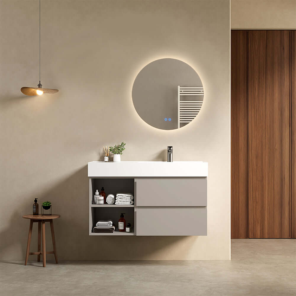Mobile bagno sospeso 100 cm Grigio Cenere Lavabo a Destra in Resina Specchio Tondo Retroilluminato - Fiji Paint Plus