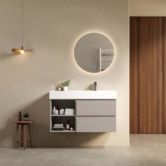 Mobile bagno sospeso 100 cm Grigio Cenere Lavabo a Destra in Resina Specchio Tondo Retroilluminato - Fiji Paint Plus