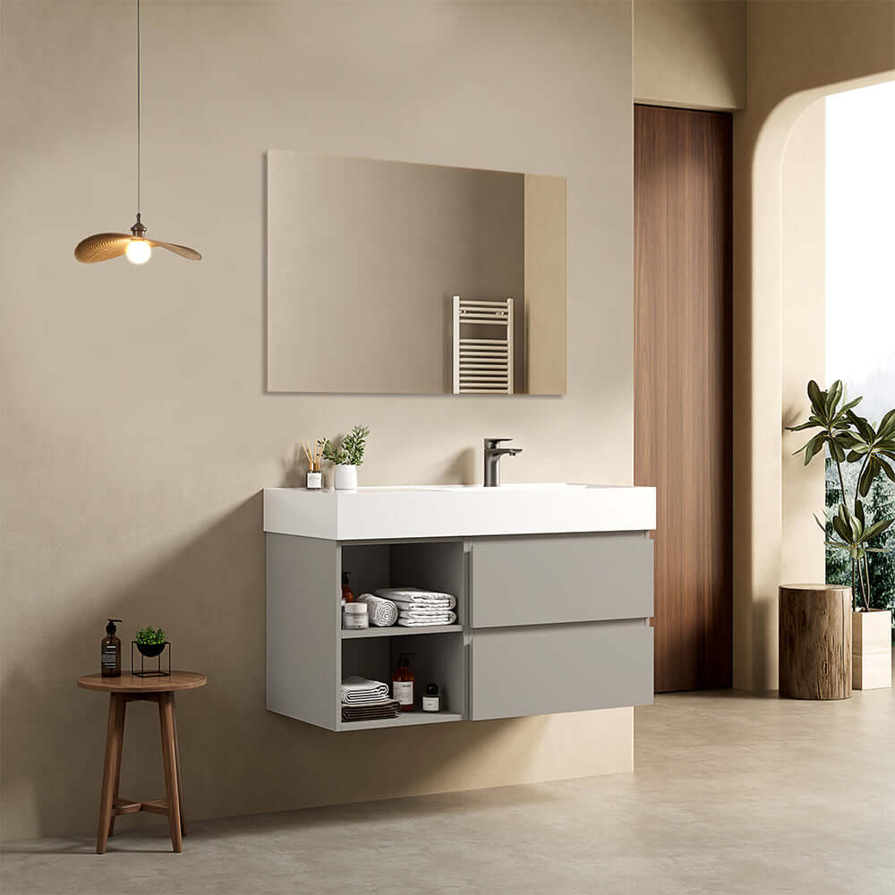 Mobile bagno sospeso 100 cm Grigio Cenere Lavabo a Destra in Resina Specchio Quadro - Fiji Paint Plus