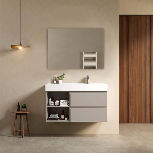 Mobile bagno sospeso 100 cm Grigio Cenere Lavabo a Destra in Resina Specchio Quadro - Fiji Paint Plus