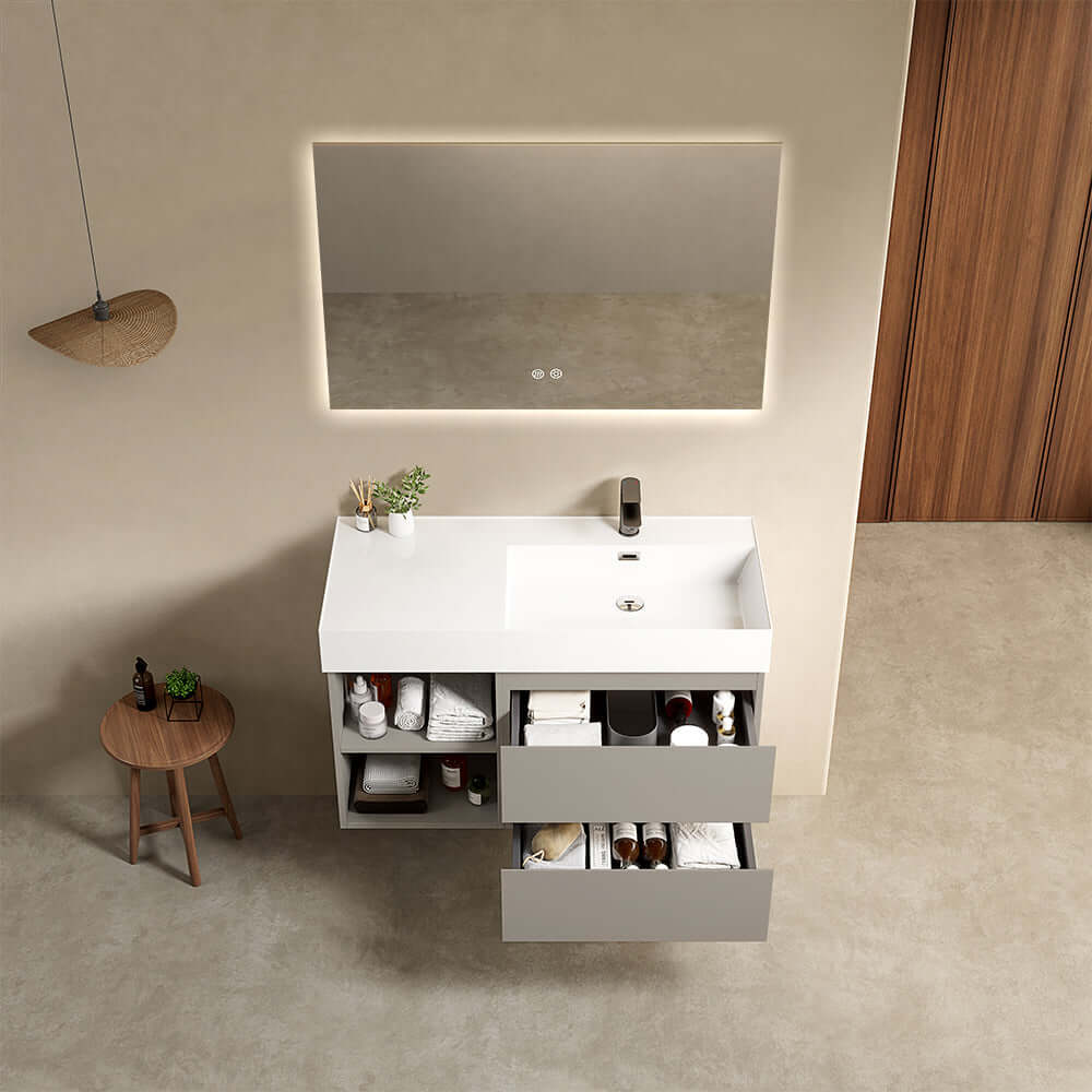 Mobile bagno sospeso 100 cm Grigio Cenere Lavabo a Destra in Resina Specchio Quadro Retroilluminato - Fiji Paint Plus
