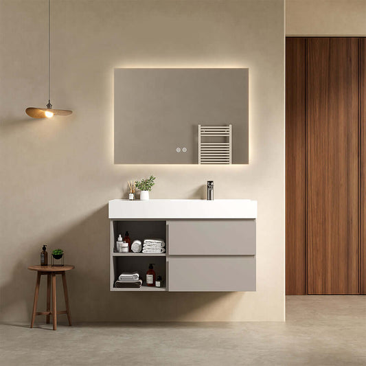 Mobile bagno sospeso 100 cm Grigio Cenere Lavabo a Destra in Resina Specchio Quadro Retroilluminato - Fiji Paint Plus
