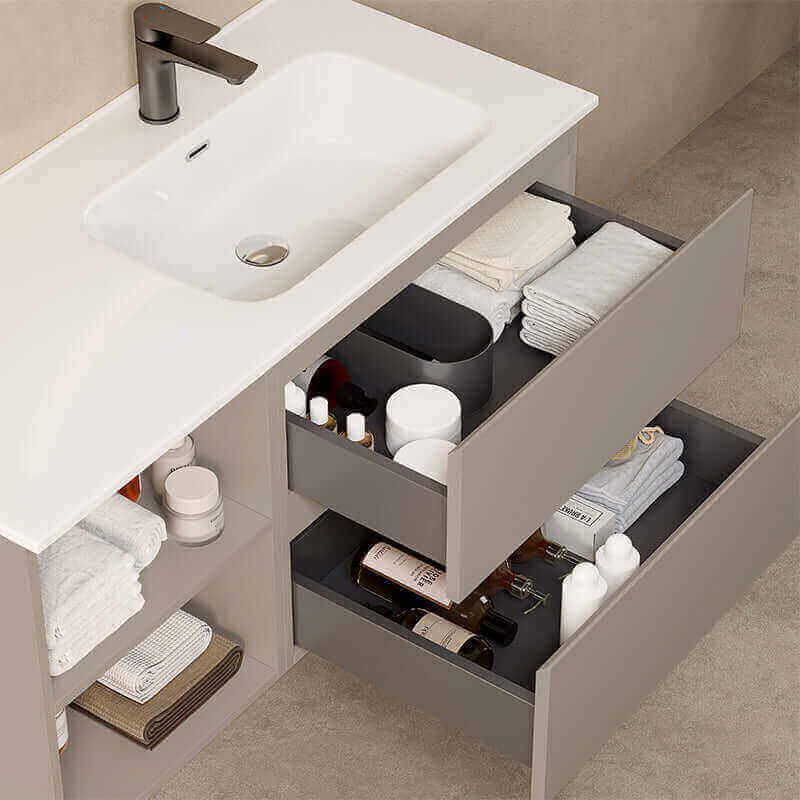 Mobile bagno sospeso 100 cm Grigio Cenere Lavabo a Destra in Ceramica Specchio Tondo Retroilluminato - Fiji Paint Plus