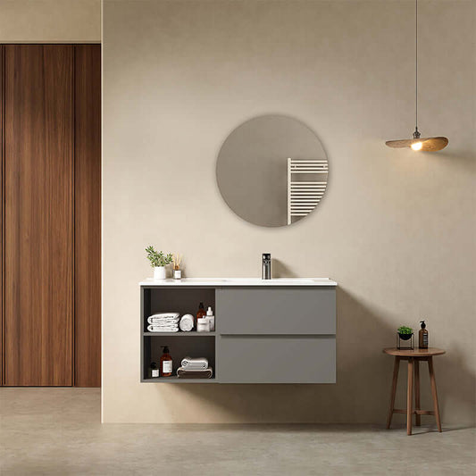 Mobile bagno sospeso 100 cm Grigio Londra Lavabo a Destra in Ceramica Specchio Tondo - Fiji Paint Plus