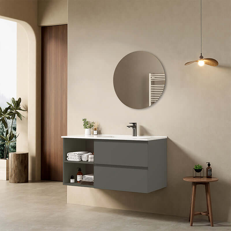 Mobile bagno sospeso 100 cm Grigio Londra Lavabo a Destra in Ceramica Specchio Tondo - Fiji Paint Plus