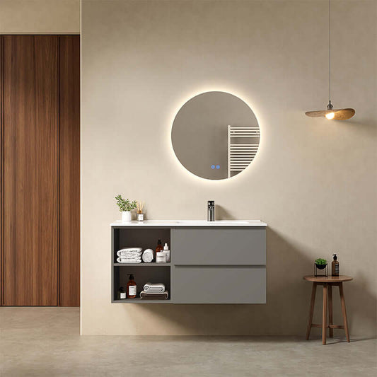 Mobile bagno sospeso 100 cm Grigio Londra Lavabo a Destra in Ceramica Specchio Tondo Retroilluminato - Fiji Paint Plus