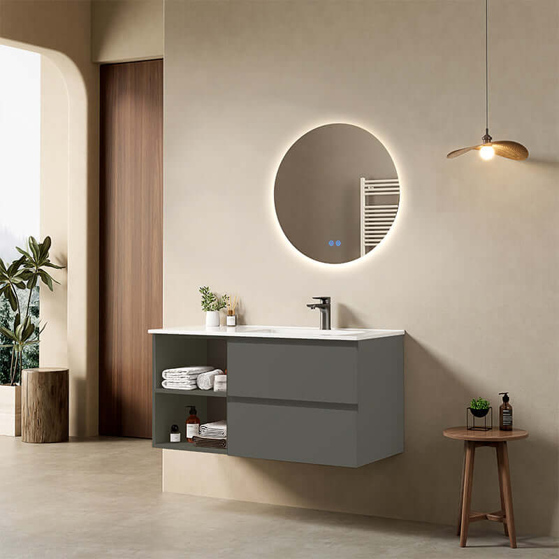 Mobile bagno sospeso 100 cm Grigio Londra Lavabo a Destra in Ceramica Specchio Tondo Retroilluminato - Fiji Paint Plus