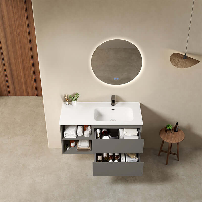 Mobile bagno sospeso 100 cm Grigio Londra Lavabo a Destra in Ceramica Specchio Tondo Retroilluminato - Fiji Paint Plus