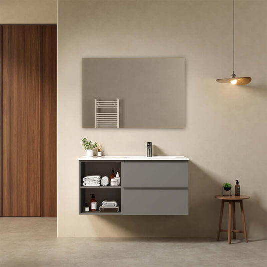 Mobile bagno sospeso 100 cm Grigio Londra Lavabo a Destra in Ceramica Specchio Quadro - Fiji Paint Plus