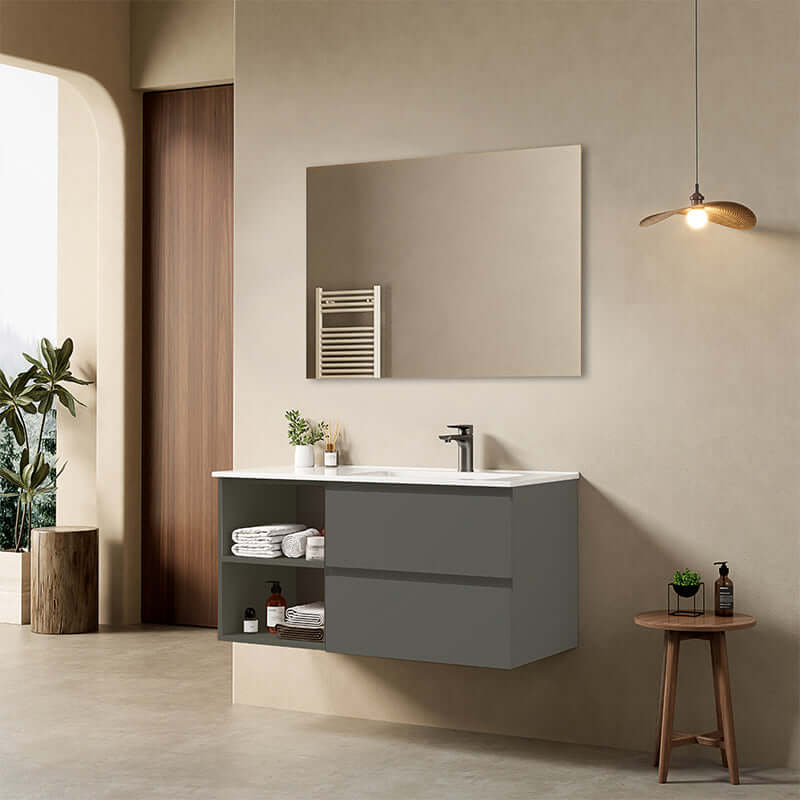 Mobile bagno sospeso 100 cm Grigio Londra Lavabo a Destra in Ceramica Specchio Quadro - Fiji Paint Plus