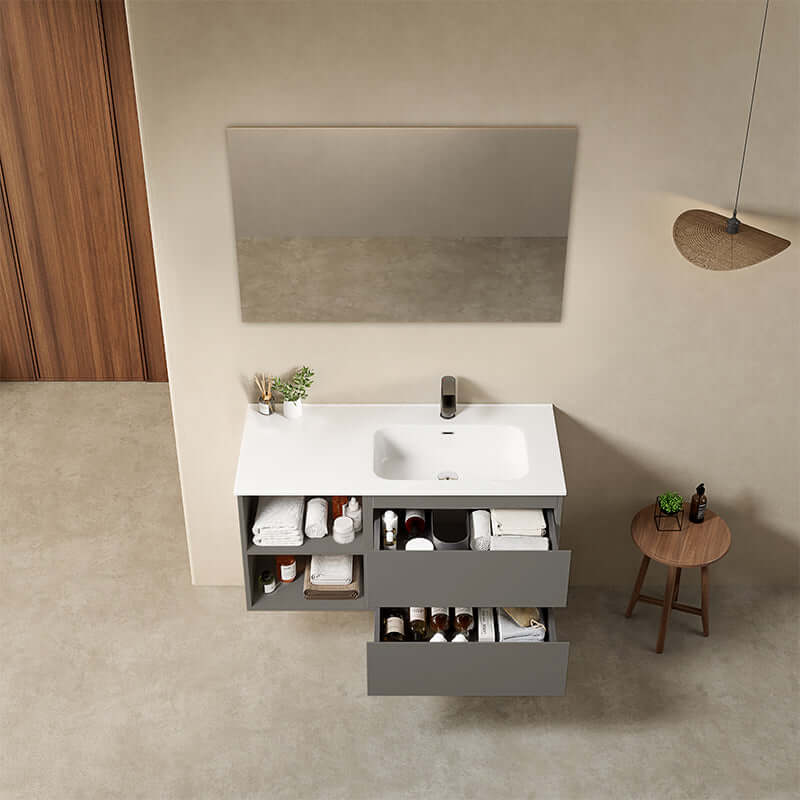 Mobile bagno sospeso 100 cm Grigio Londra Lavabo a Destra in Ceramica Specchio Quadro - Fiji Paint Plus