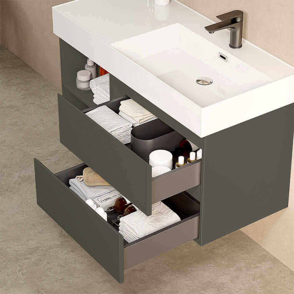 Mobile bagno sospeso 100 cm Grigio Londra Lavabo a Destra in Resina Specchio Quadro - Fiji Paint Plus