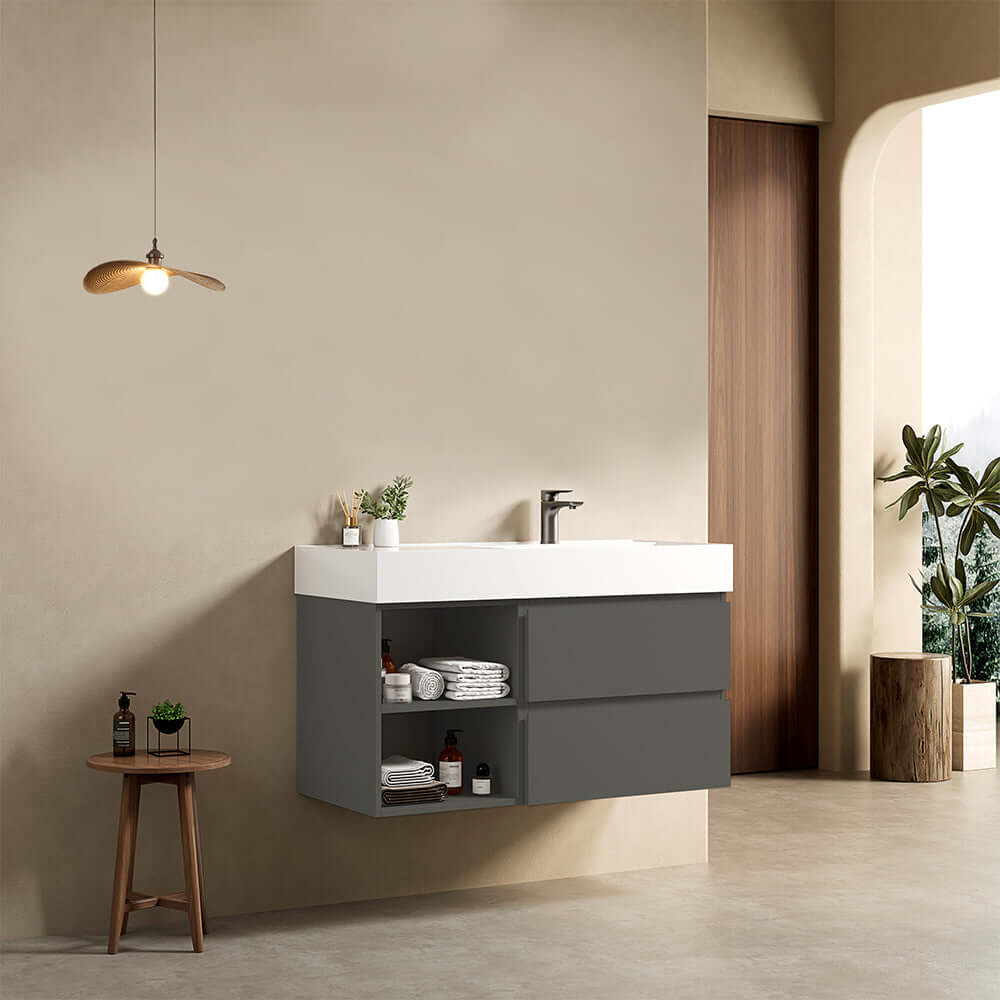 Mobile bagno sospeso 100 cm Grigio Londra Lavabo a Destra in Resina Senza Specchio - Fiji Paint Plus