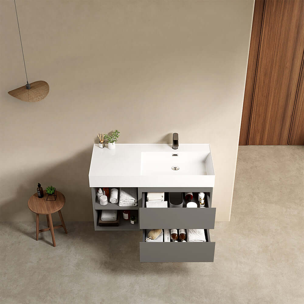 Mobile bagno sospeso 100 cm Grigio Londra Lavabo a Destra in Resina Senza Specchio - Fiji Paint Plus