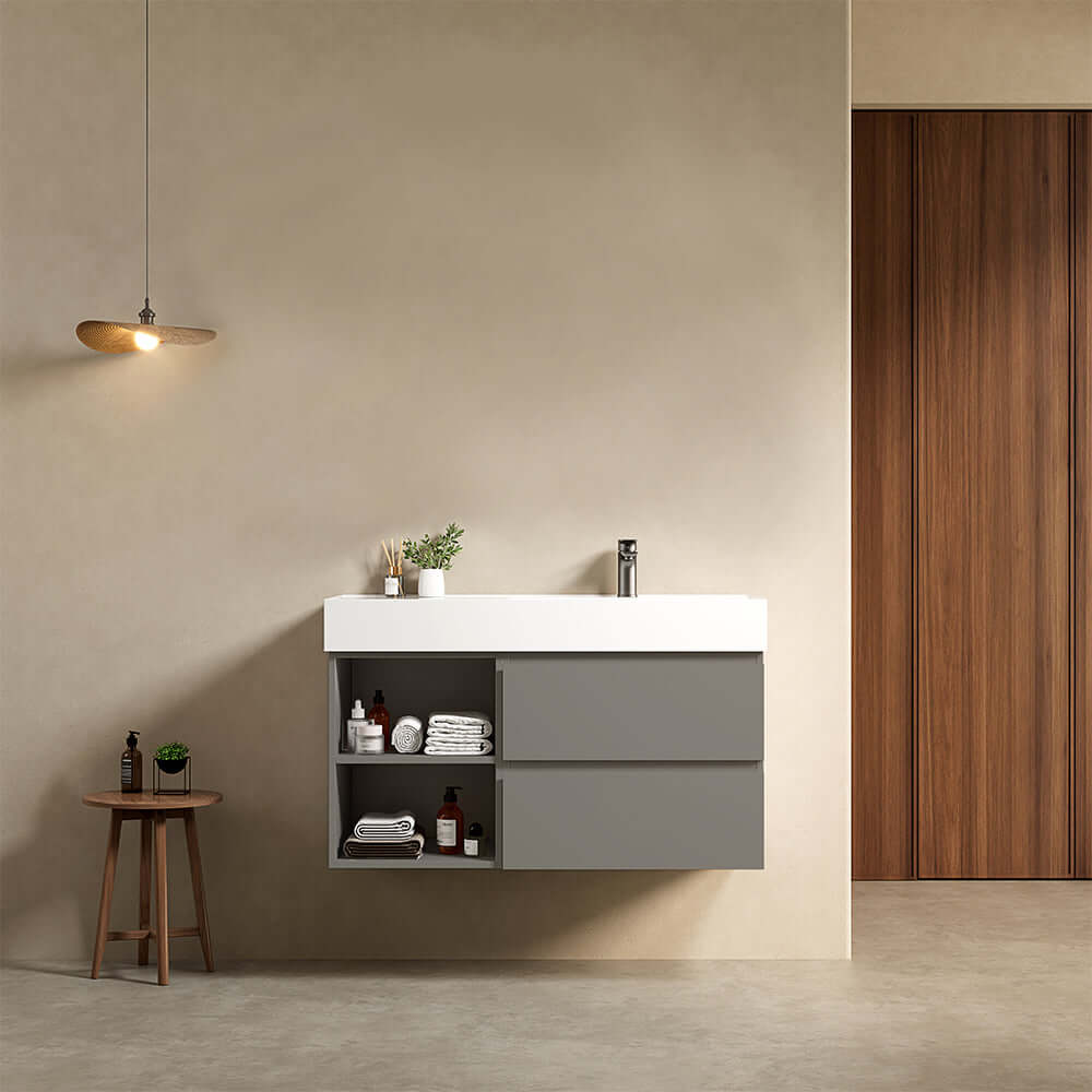 Mobile bagno sospeso 100 cm Grigio Londra Lavabo a Destra in Resina Senza Specchio - Fiji Paint Plus